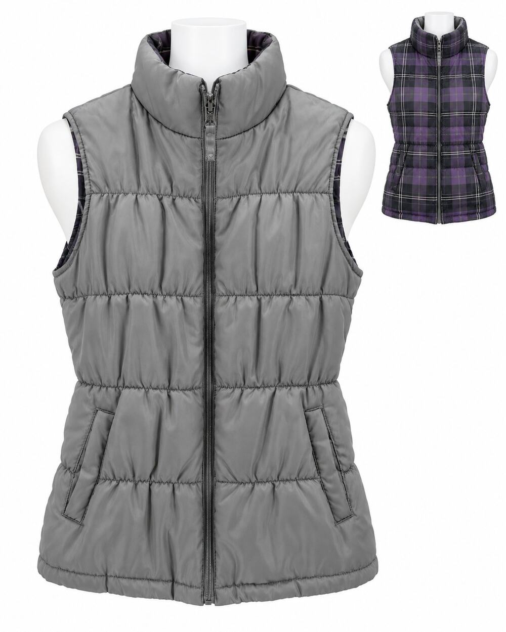 Merona Reversible Puffer Vest Gray Purple Plaid Full Zip Lightweight Womens Sm